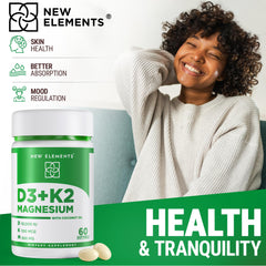 Lifestyle image of New Elements Vitamin D3 K2 bottle on table