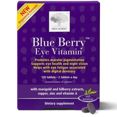 NEW NORDIC Blue Berry Eye Vitamin bottle pour highlights easy daily use for eye support