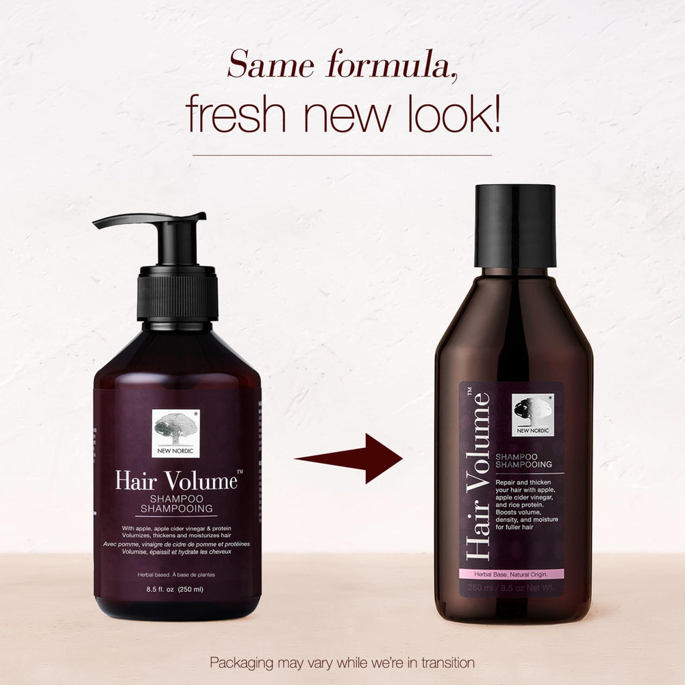 Vegan, clean-label emblem on New Nordic Hair Volume Shampoo bottle