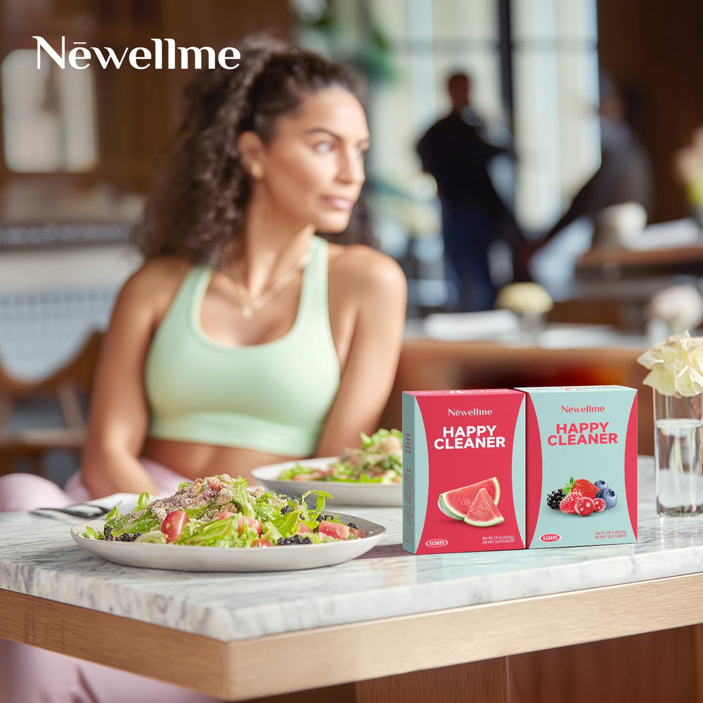 Box packaging showing 14-pack count for NEWELLME Happy Cleaner Berry Super Greens