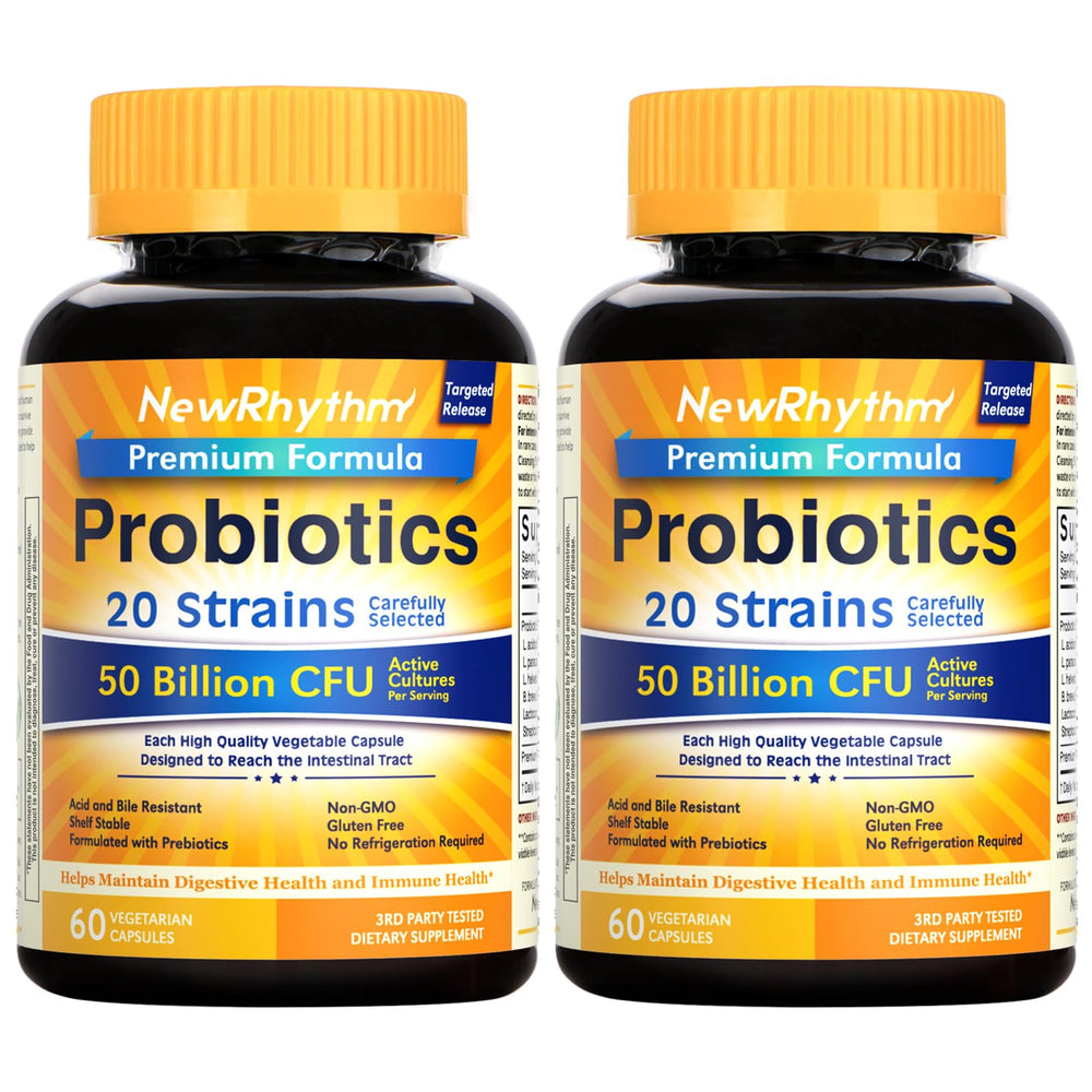 NewRhythm Probiotics 50B CFU bottle with 20 strains