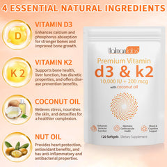 Close-up of coconut oil softgels and D3 K2 capsules