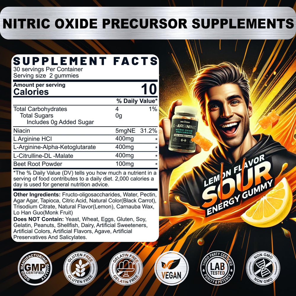 Close-up of label showing 1300mg L-Arginine per gummy