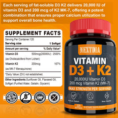 Nextdia Vitamin D3 + K2 bottle back label with supplement facts