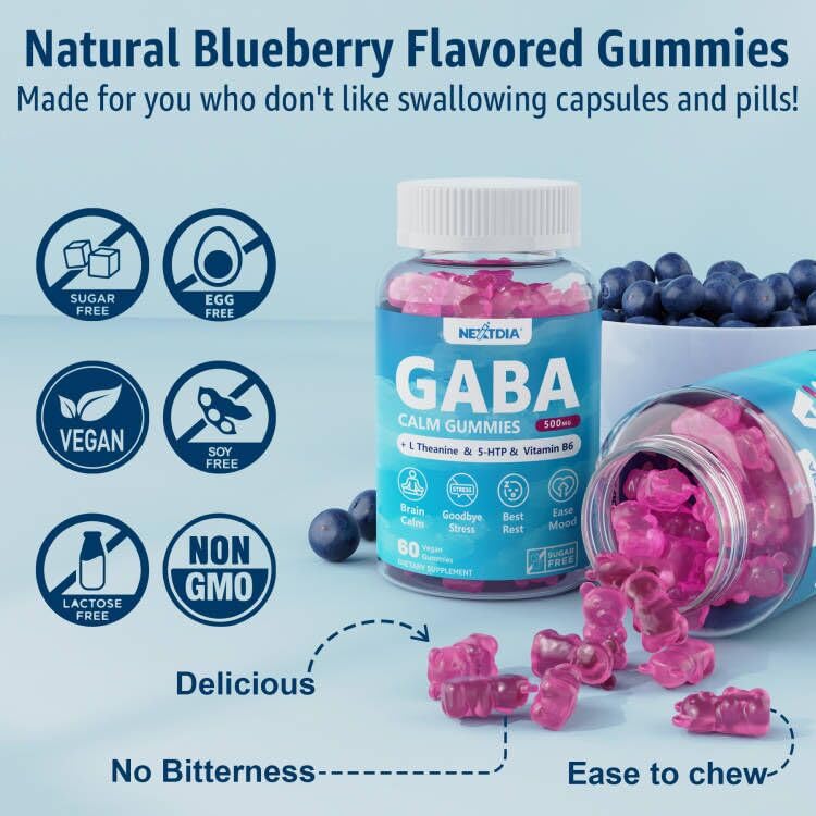 Nextdia GABA Gummies 500mg blueberry serving cups illustrate convenient daily use