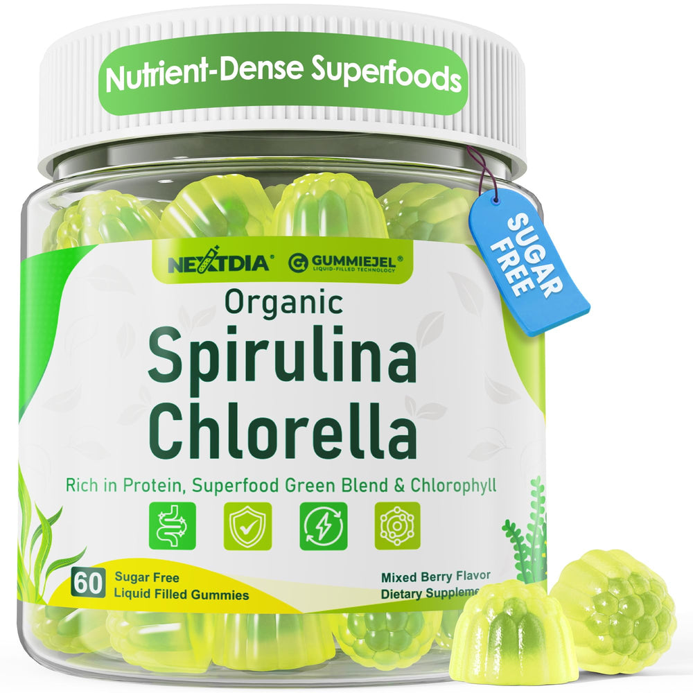Nextdia Spirulina-Chlorella Gummies bottle shows convenient daily nutrition in action.