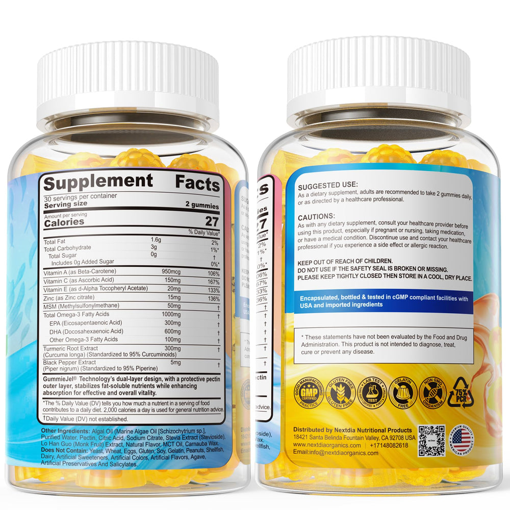 120-count bottle of Nextdia vegan omega-3 gummies with usage guide