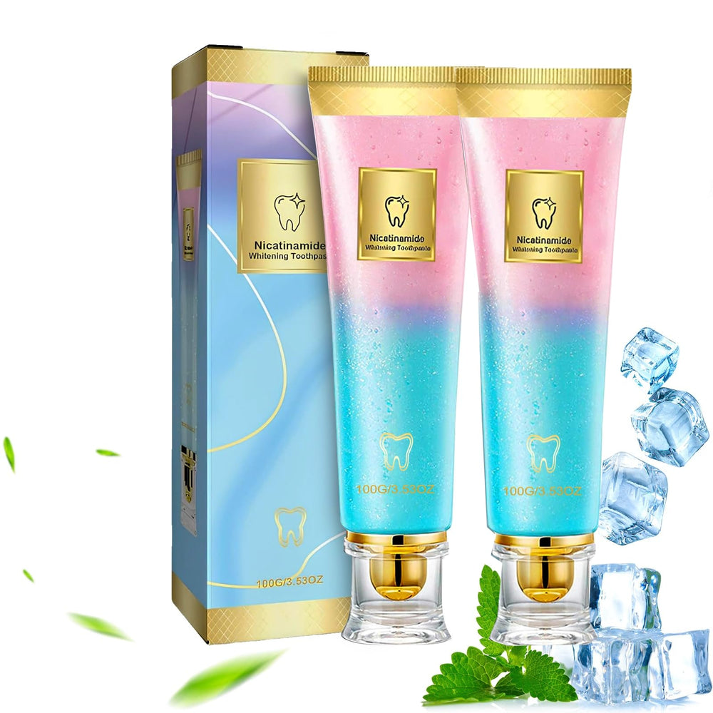 Two toothpaste tubes in a 2-piece Niacinamide Whitening Toothpaste package