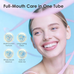 Bright white smile with peach mint toothpaste finish