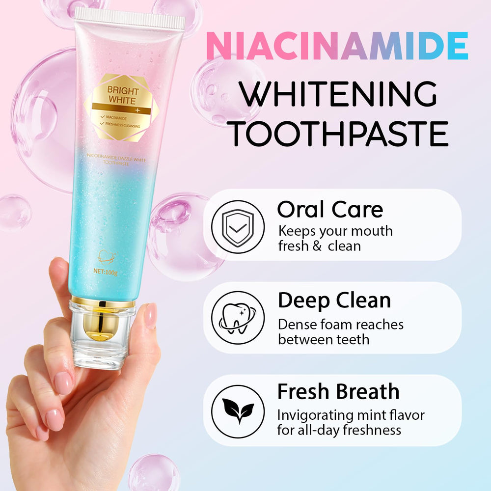 Niacinamide Whitening Toothpaste tube with peach flavor label