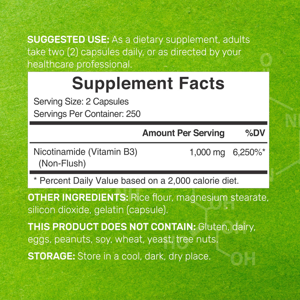 Close-up of 1000mg nicotinamide per serving capsule