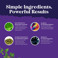 Prostate health supplement bottle with lycopene and pumpkin seed illustrations