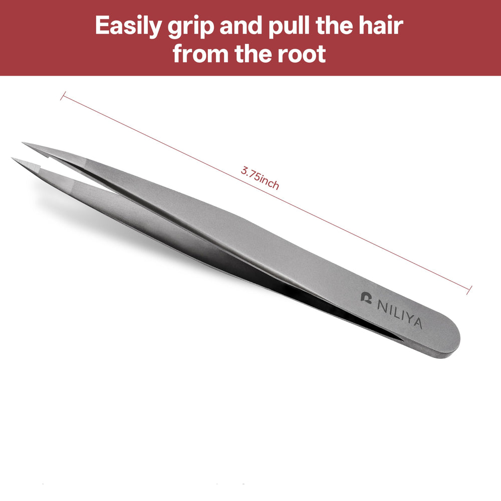 NILIYA curved-handle tweezers offering ergonomic grip for controlled grooming