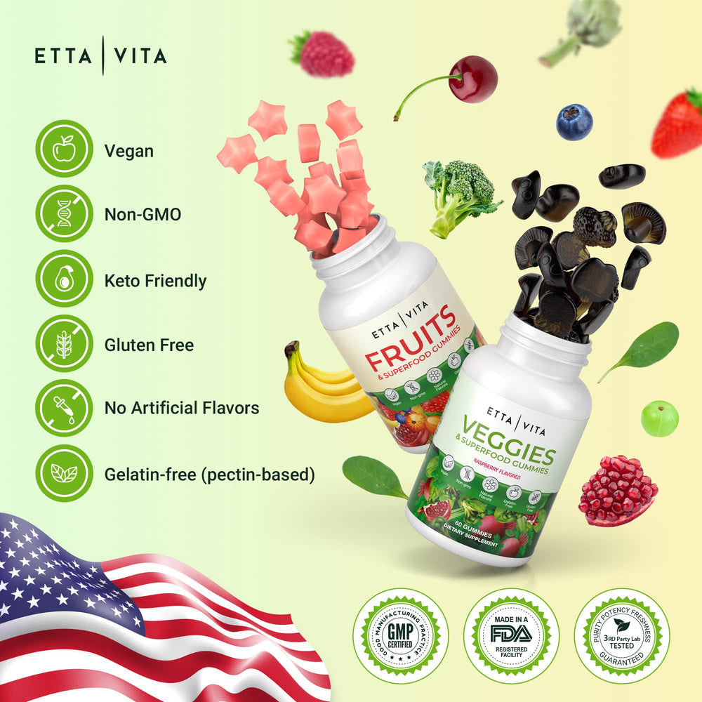 Illustration of 9 superfruits and 30 veggies in the blend