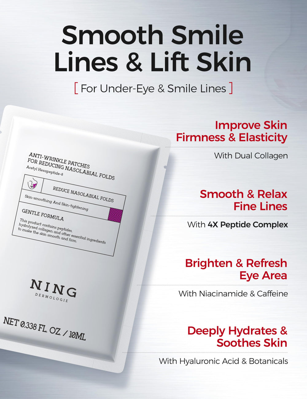 NING DERMOLOGIE under-eye patches applied for smoothing and brightness.