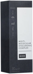 Close-up of NIOD Multi-Molecular Hyaluronic Complex bottle and dropper