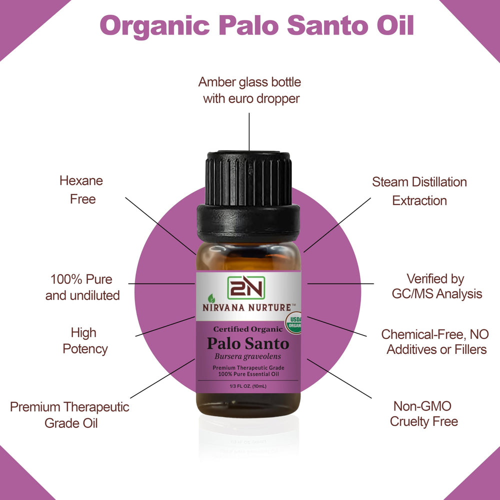 Close-up of Palo Santo essential oil label on bottle