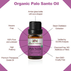 Close-up of Palo Santo essential oil label on bottle