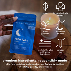 Ingredients panel showing hemp extract and melatonin in Nite Nite Patch