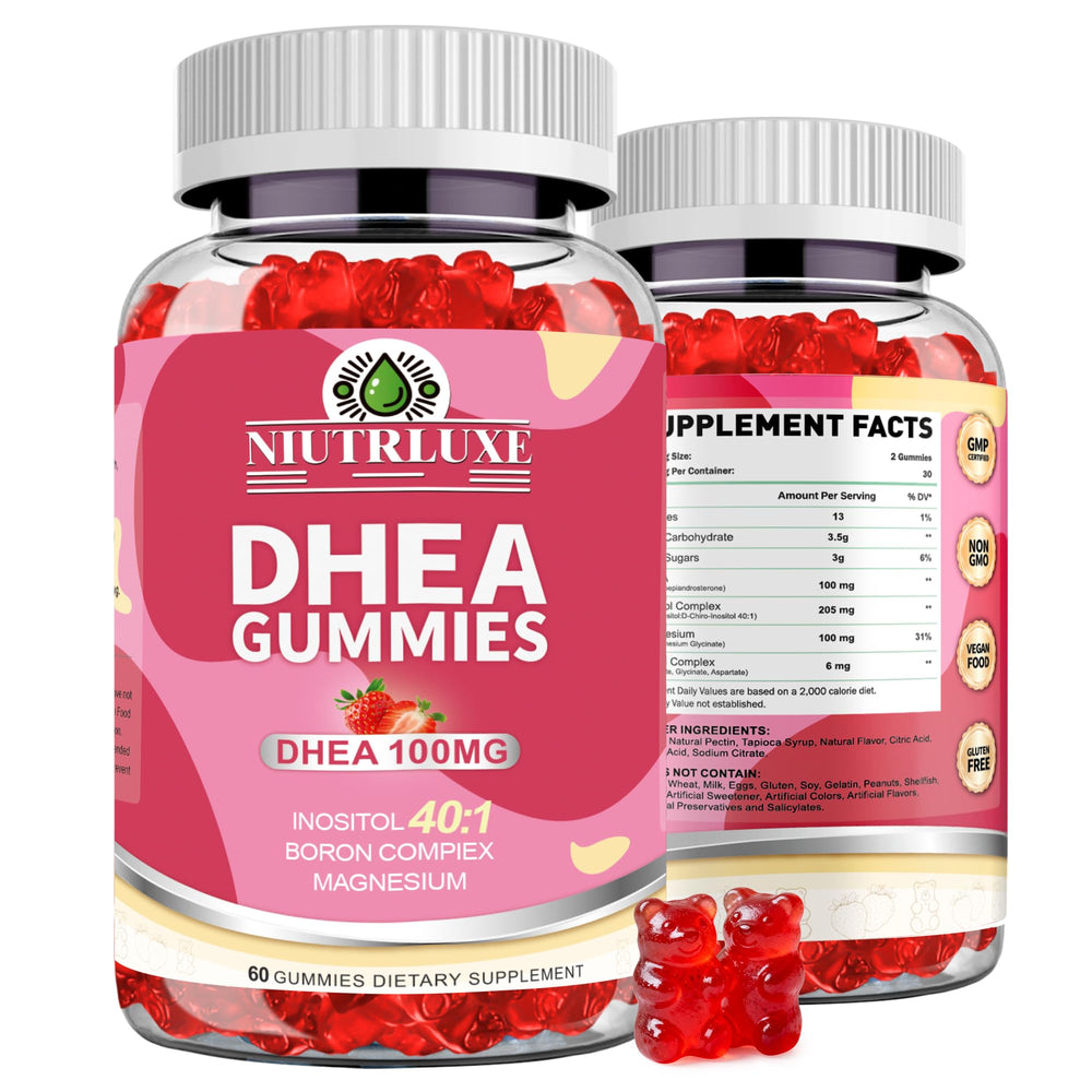 Bottle front view of NIUTRLUXE DHEA Gummies