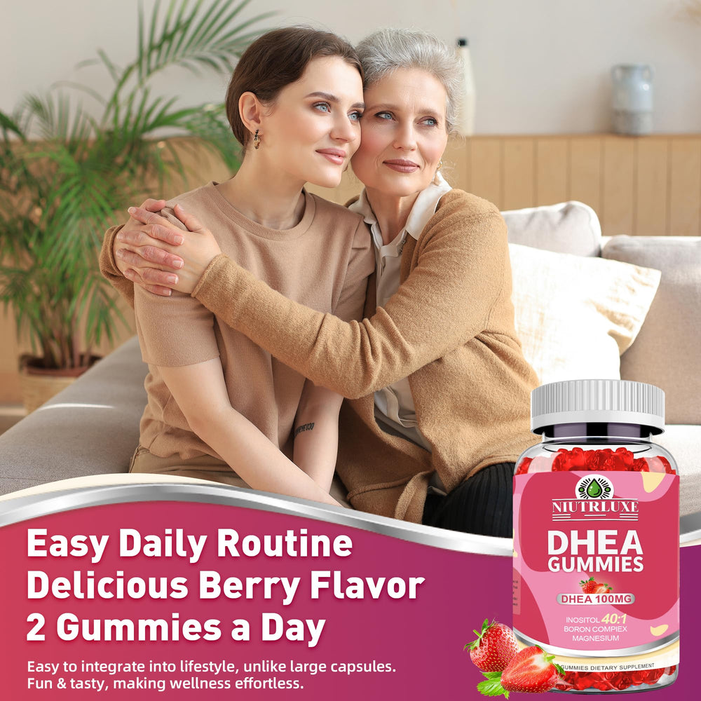 Lifestyle image of a woman taking a DHEA gummy