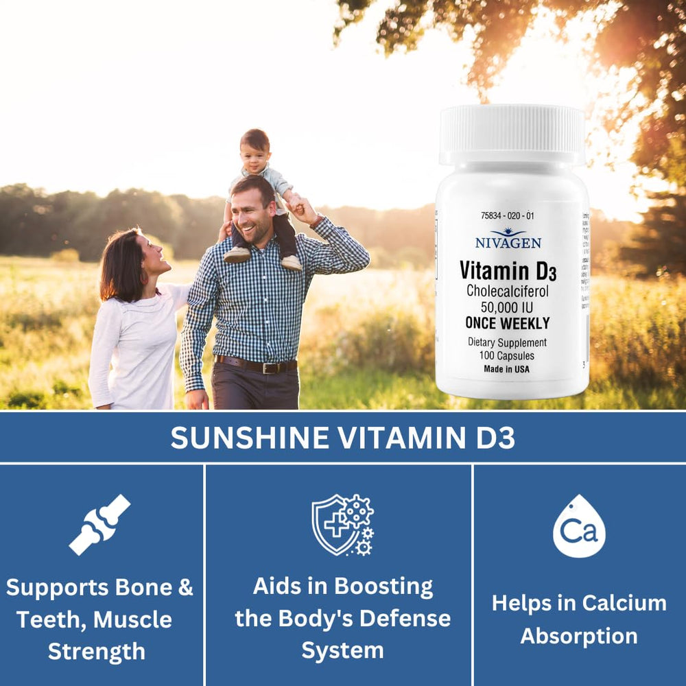 Close-up of Nivagen D3 50,000 IU capsules