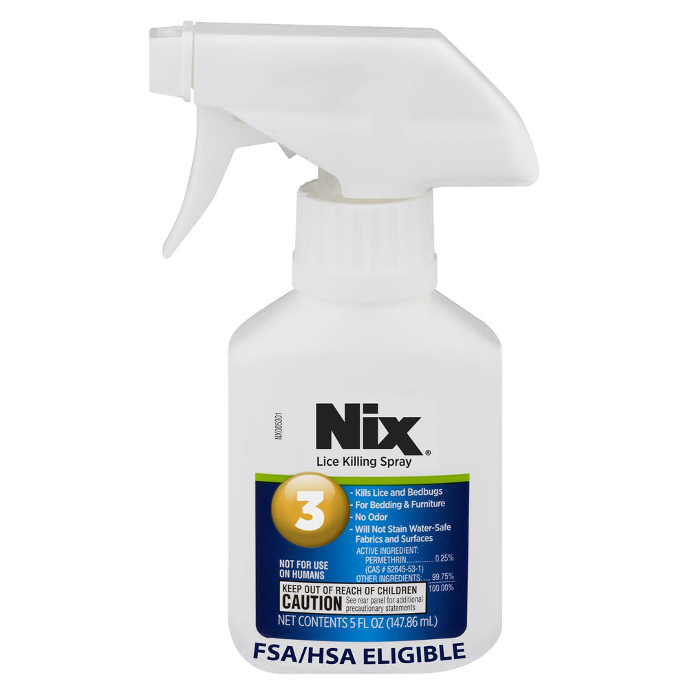 Nix Lice & Bed Bug Spray bottle on shelf showing odor-free, easy home treatment
