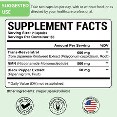 Back of bottle showing supplement facts for NMN Resveratrol