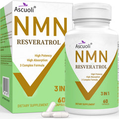 Bottle of 99% Ultra Purity NMN 500mg + Trans-Resveratrol 600mg supplement with 60 capsules