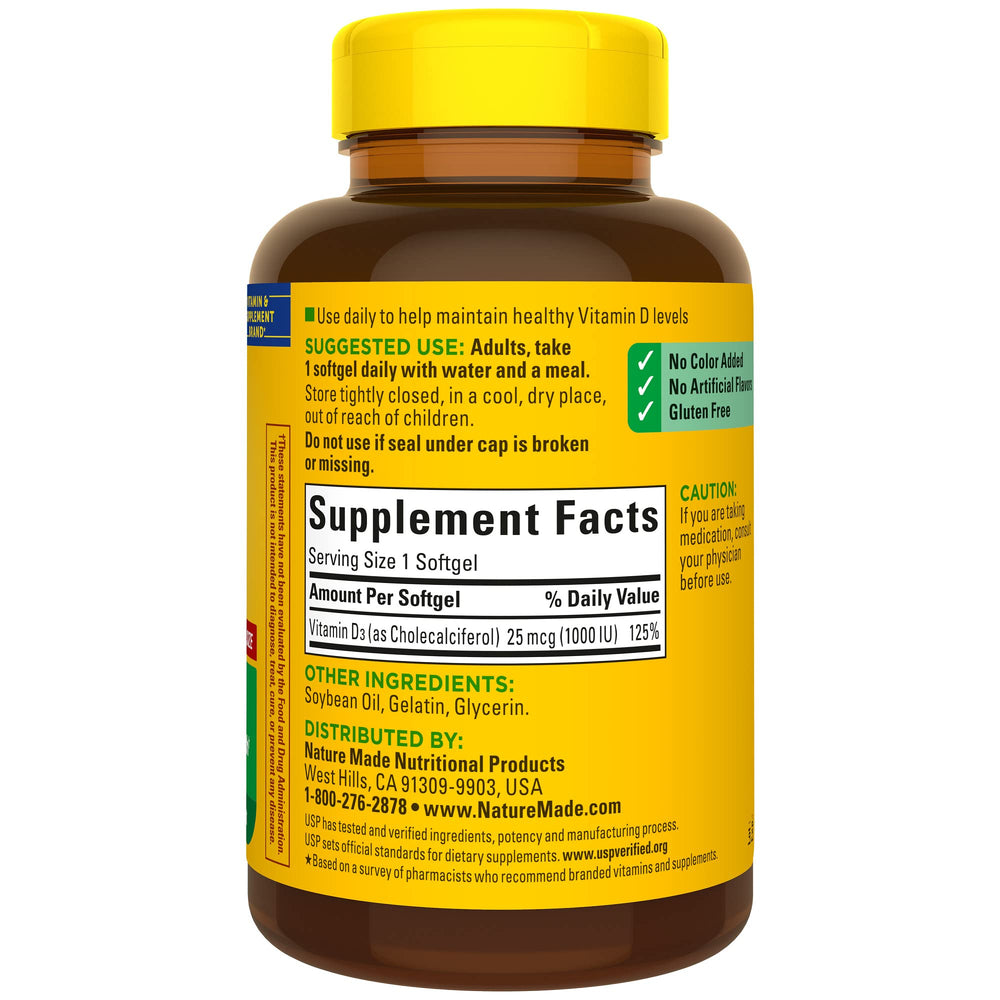 Packaging stating no color added and no artificial flavors for Nature Made Vitamin D3