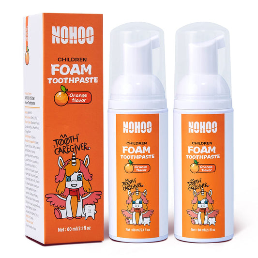 NOHOO fluoride-free foam toothpaste for kids orange flavor packaging 2-pack
