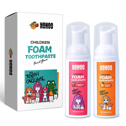 NOHOO fluoride-free toothpaste for kids with strawberry and orange flavor label