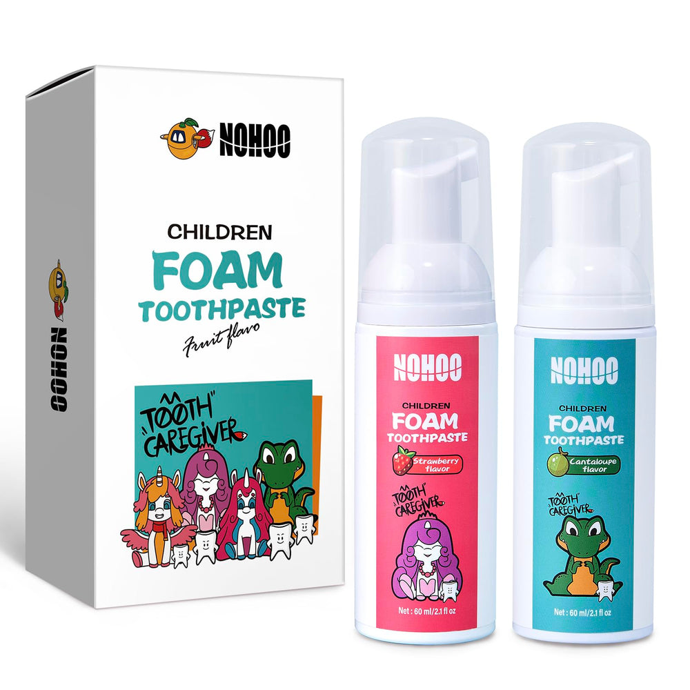 Hero image: NOHOO fluoride-free foam toothpaste for kids in strawberry and cantaloupe flavor