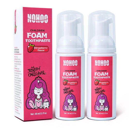 Front view of NOHOO fluoride-free strawberry kids toothpaste 2-pack