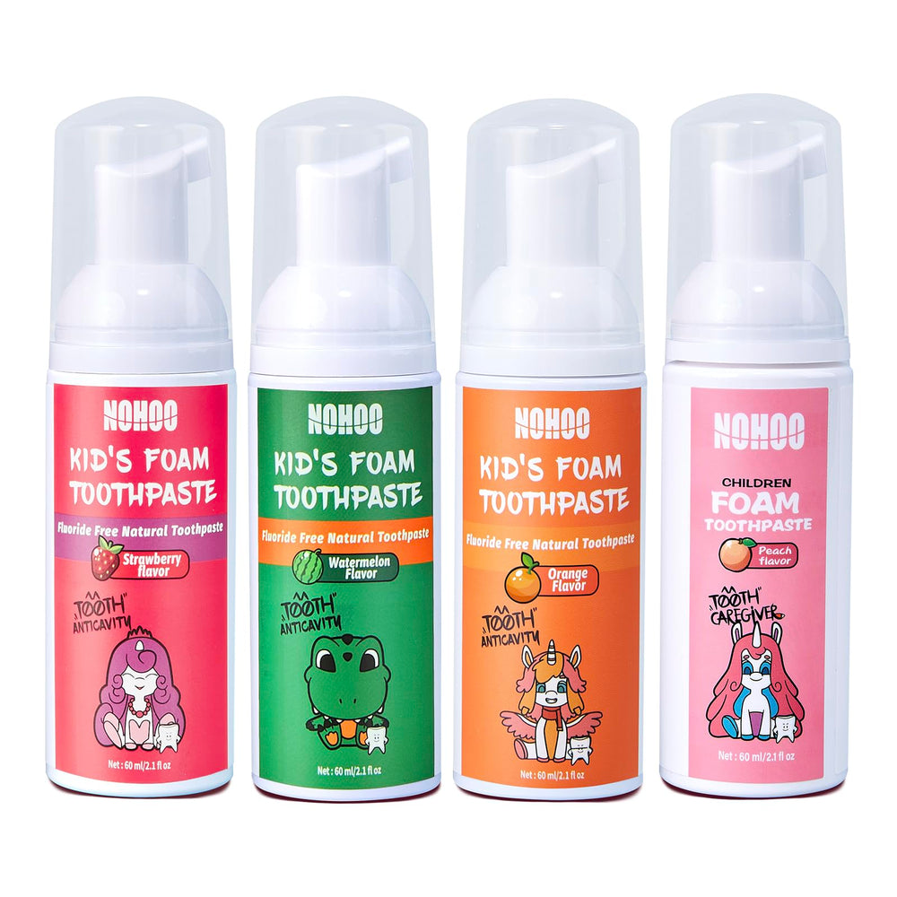 NOHOO fluoride-free foam toothpaste for kids with strawberry flavor