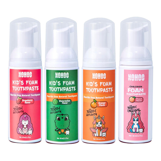NOHOO fluoride-free foam toothpaste for kids with strawberry flavor