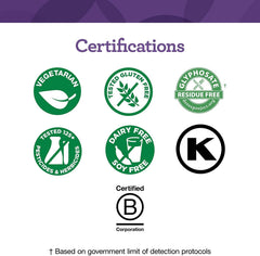 Non-GMO, B Corp and Kosher certification badges