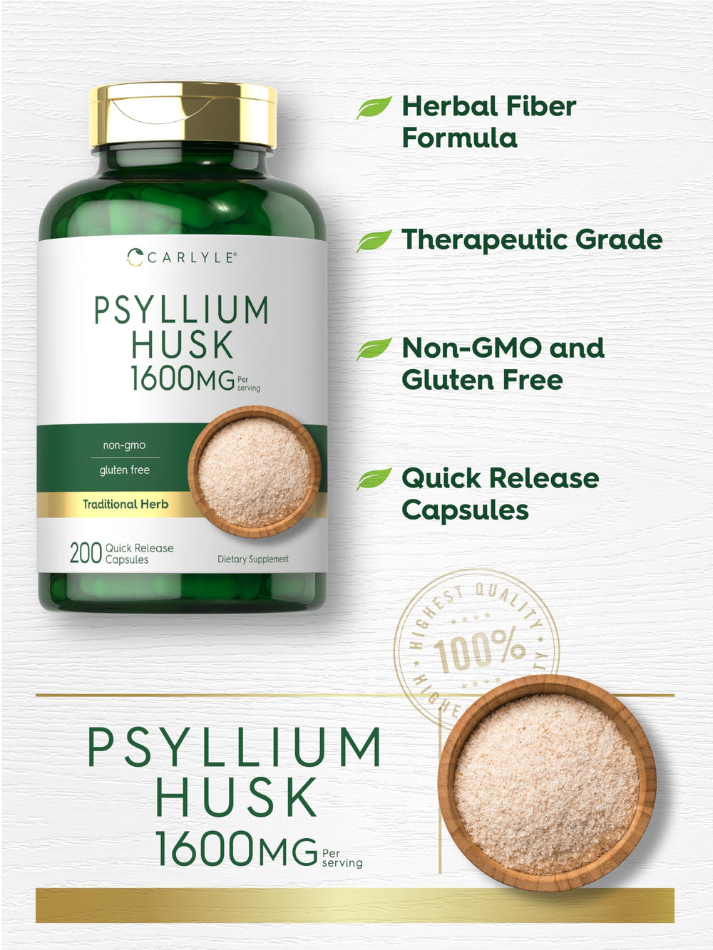 Non-GMO gluten-free psyllium husk capsules