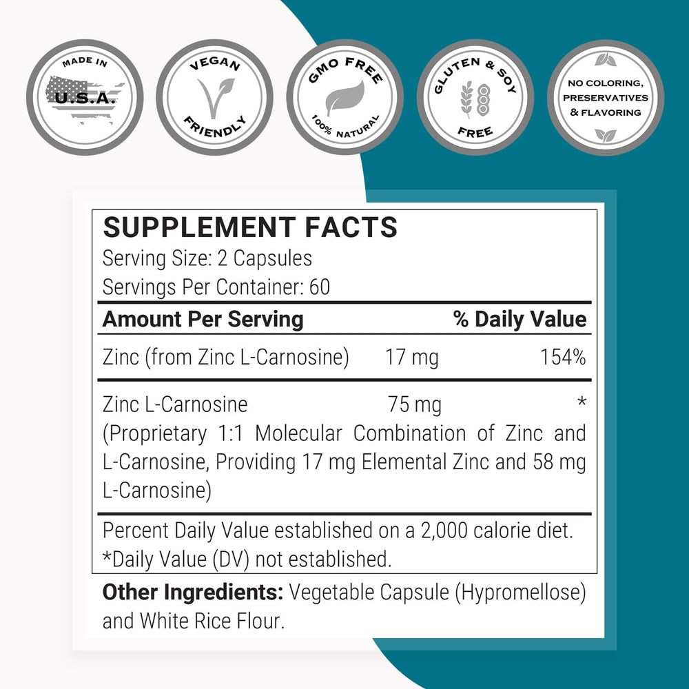 Non-GMO, gluten-free, vegetarian zinc carnosine supplement from Supersmart