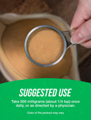 Serving scoop showing 500mg per serving of Noni powder