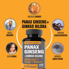 Visual of ginseng root extract powder and ginkgo biloba leaves