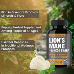 Brain health infographic featuring Lions Mane and Ginkgo Biloba