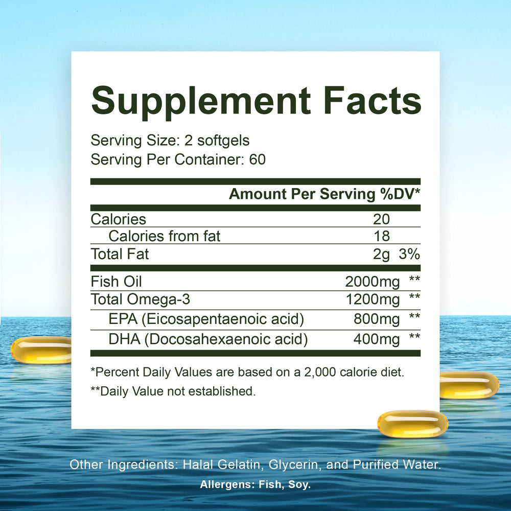 Back label with nutrition facts on Noor Vitamins Halal Fish Oil bottle