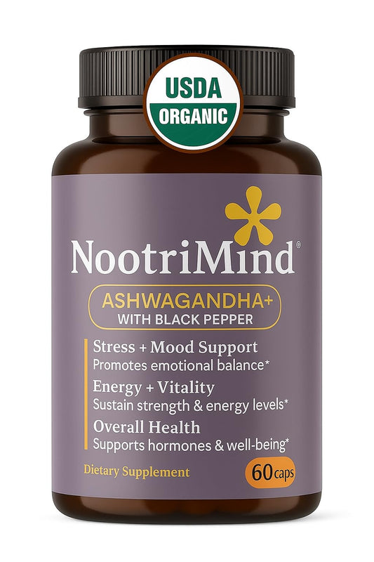Bottle label: nootrimind Organic Ashwagandha Extra Strength 60 Capsules