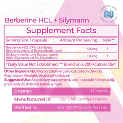 Close-up of Berberine HCL + Silymarin capsule bottle label
