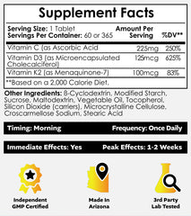 Front view of bottle packaging for Vitamin D3 + K2 with Vitamin C tablets