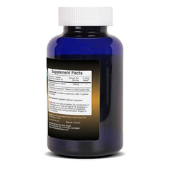 Bottle of dietary supplement capsules on white background