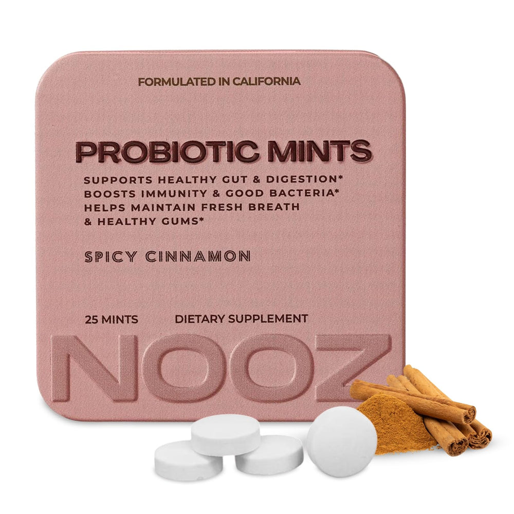 NOOZ Probiotic Mints packaging featuring Spicy Cinnamon flavor