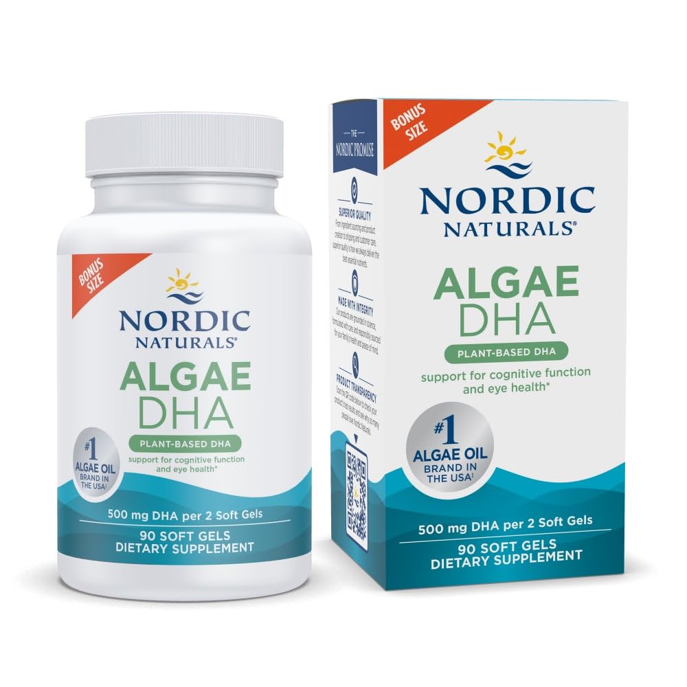Nordic Naturals Algae DHA bottle showing vegan omega-3 soft gels