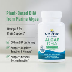 Nordic Naturals Algae DHA label highlights vegan and dairy-free features